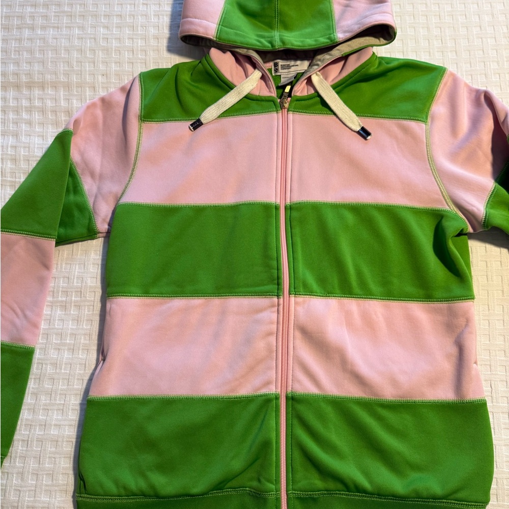 Vibrant Green and Pink Striped womens snowboard zip up fleece sweatshirt; perfec